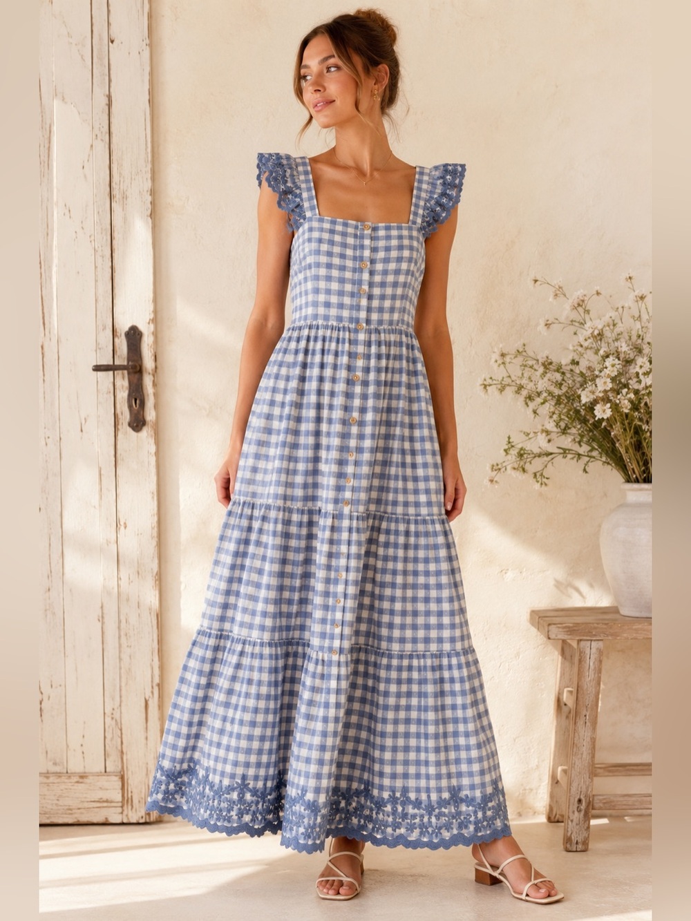 Shabby Chic Blue Gingham Embroidered Tiered Maxi Dress NWT Size 8